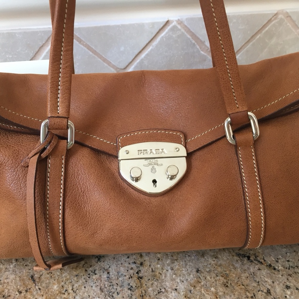 Prada Cognac Leather Handbag with Silver-Tone Lock - Picture 6 of 11